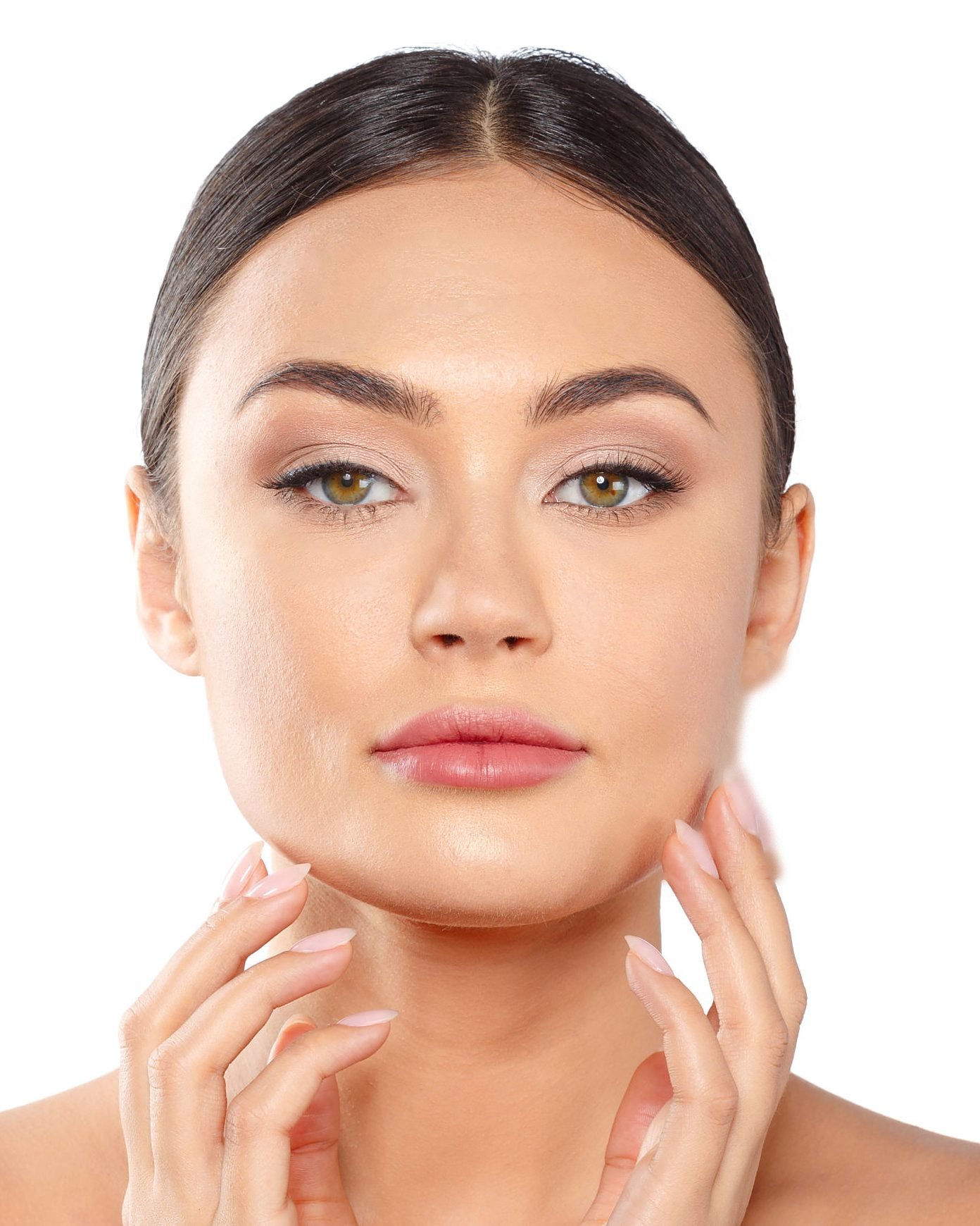 Rosto feminino de frente, com o desenho da topografia facial sobreposto